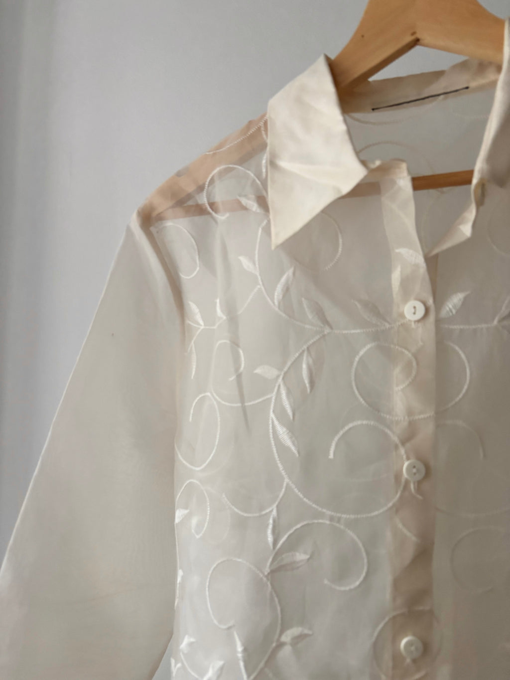 1990s Embroidered Sheer Cream Blouse