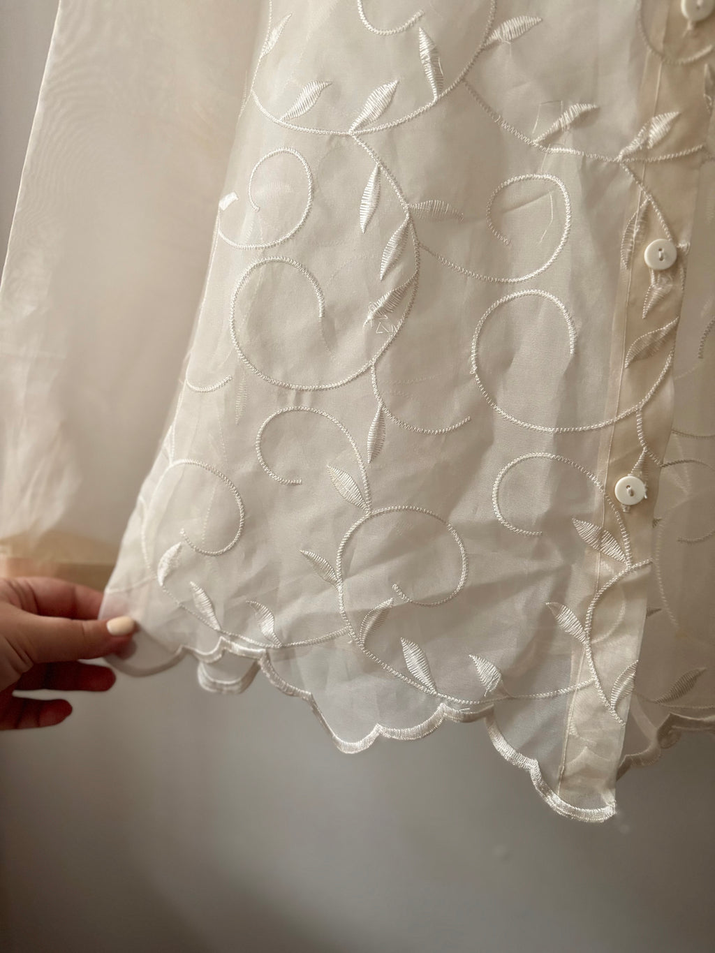 1990s Embroidered Sheer Cream Blouse
