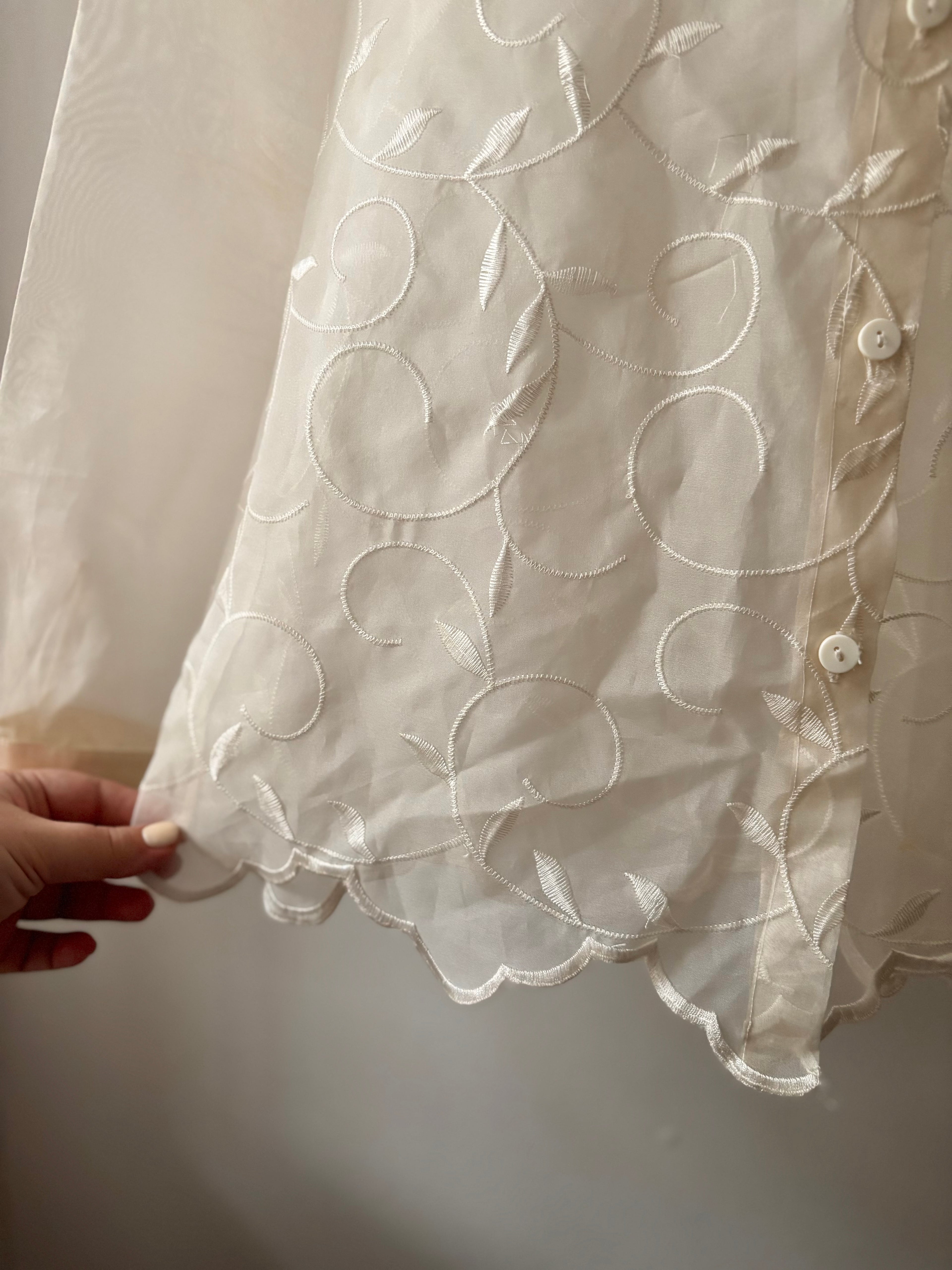 1990s Embroidered Sheer Cream Blouse