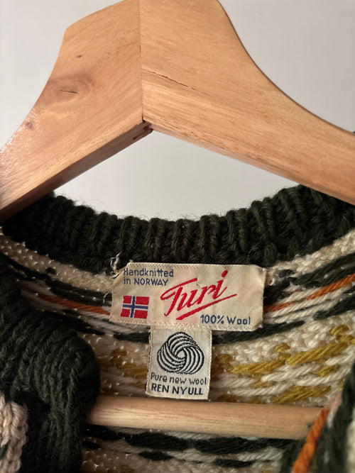 1970s Norwegian Handknit Wool Green Cardigan