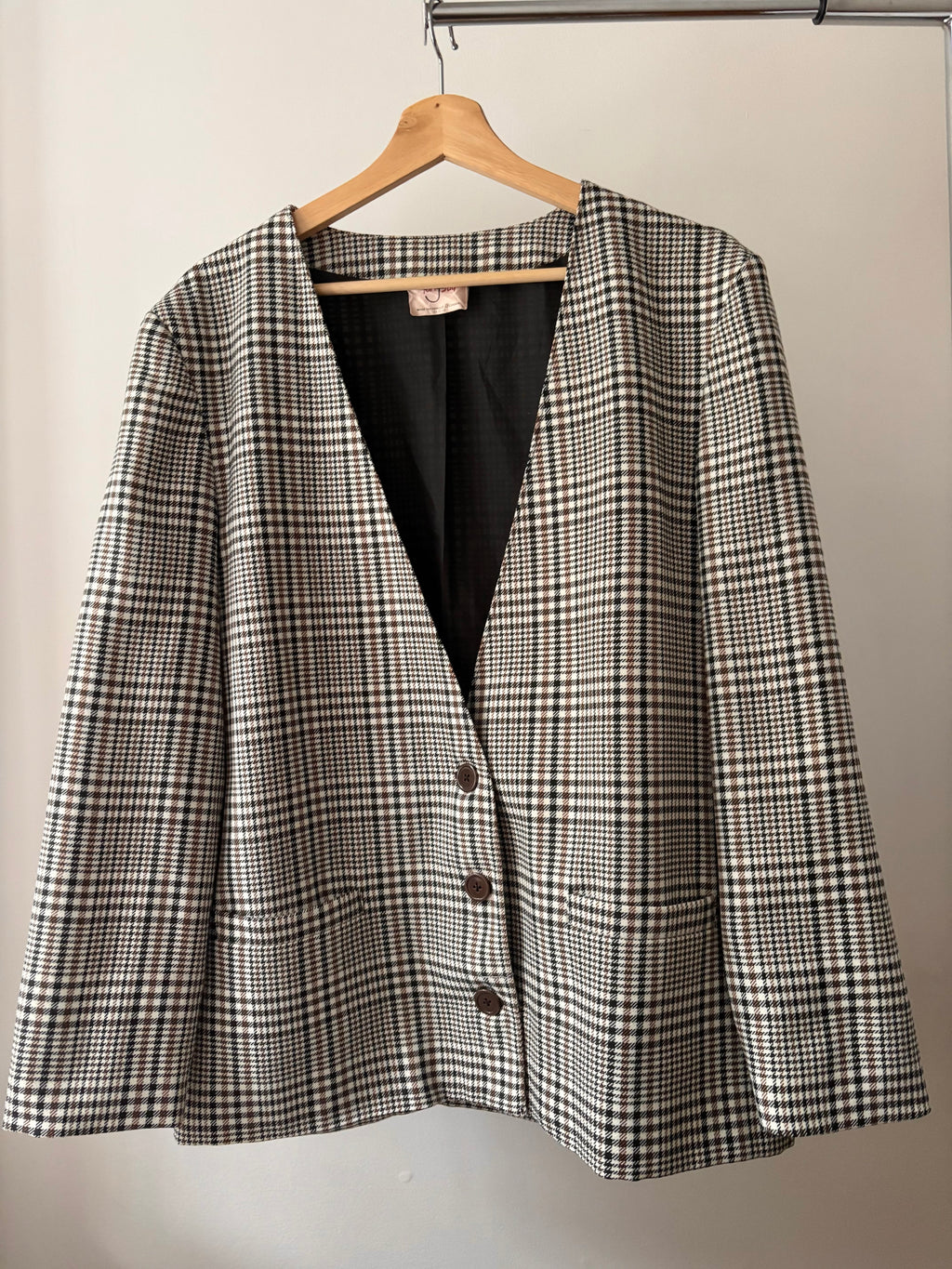 1980s Collarless Boxy Blazer | Vintage Houndstooth Jacket
