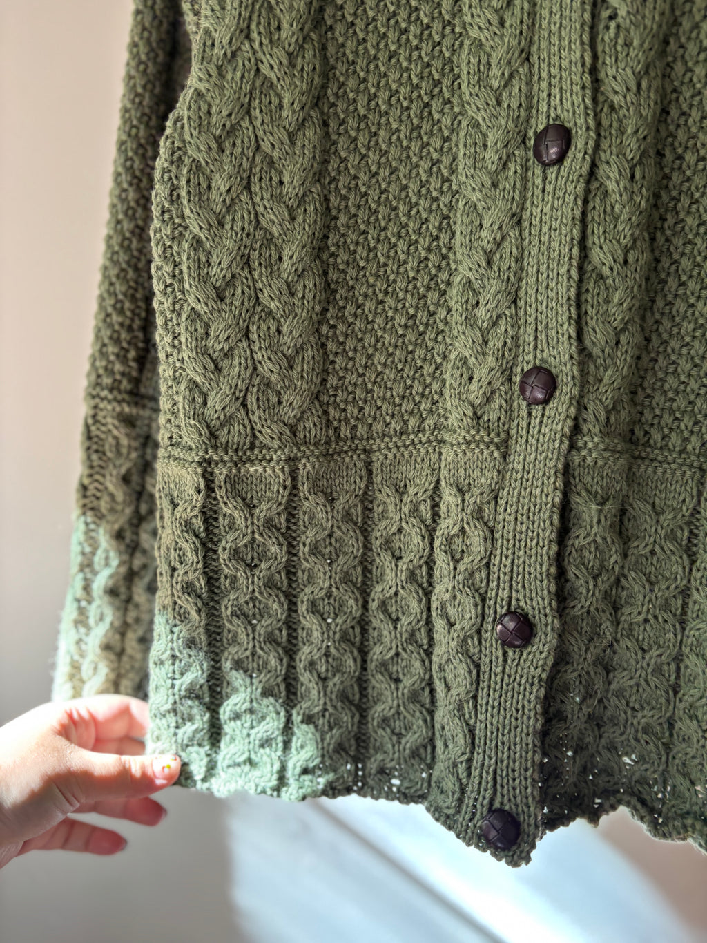 Aran Sage Green Wool Cable Knit Cardigan