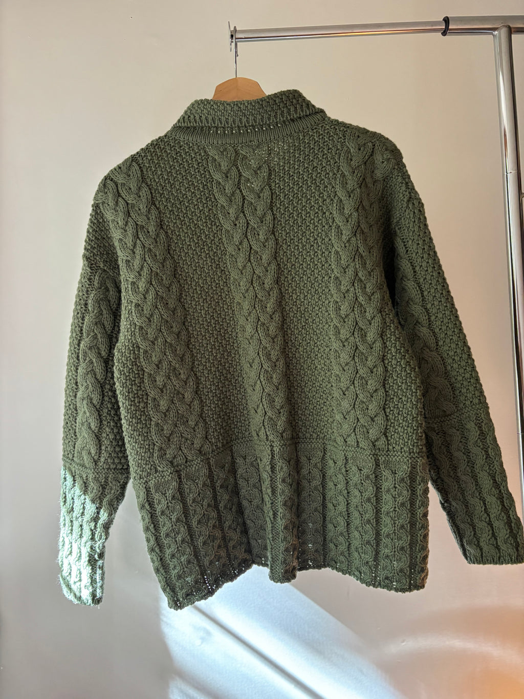 Aran Sage Green Wool Cable Knit Cardigan