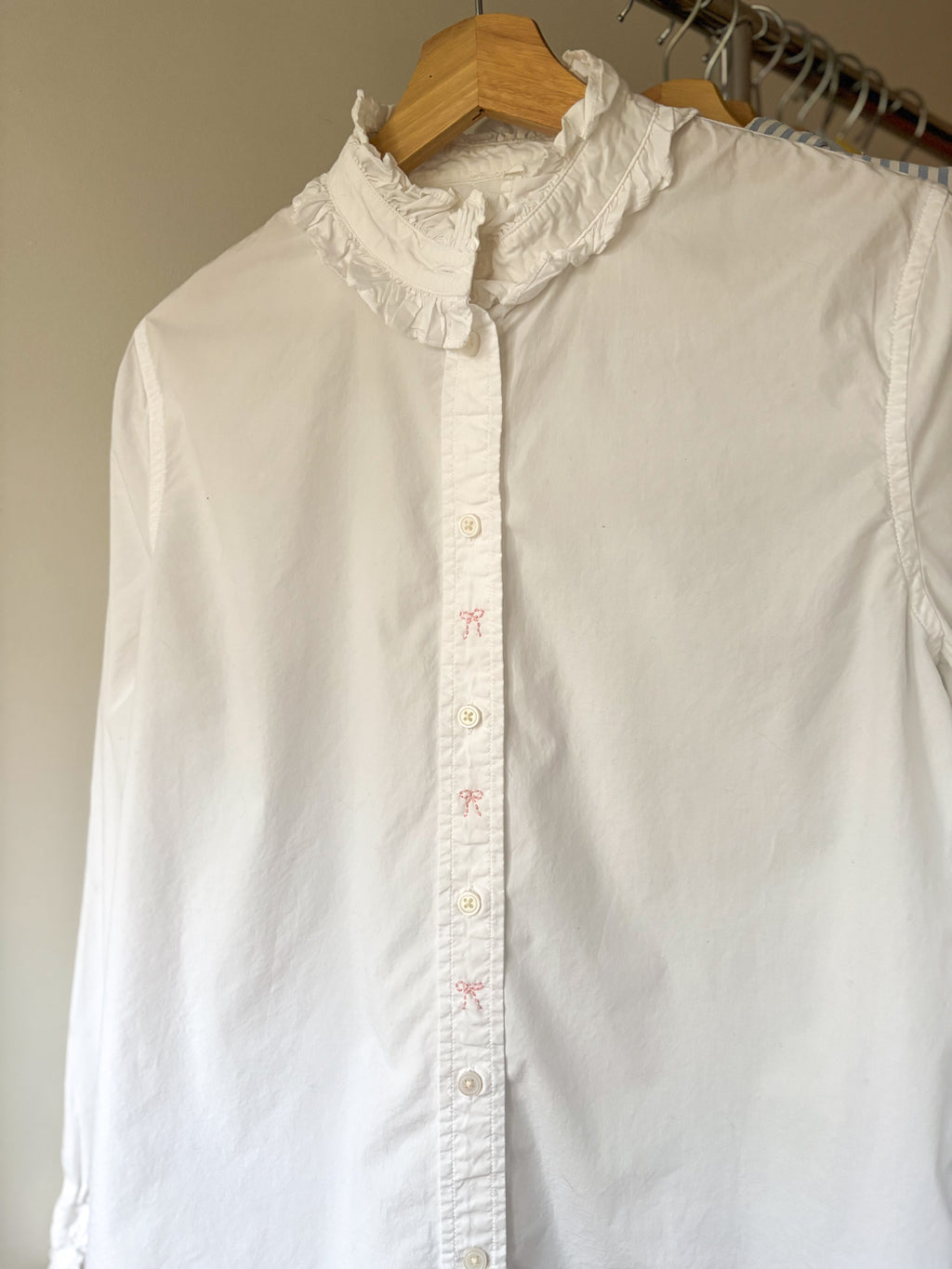 Upcycled Ruffled Blouse with Embroidered Bows