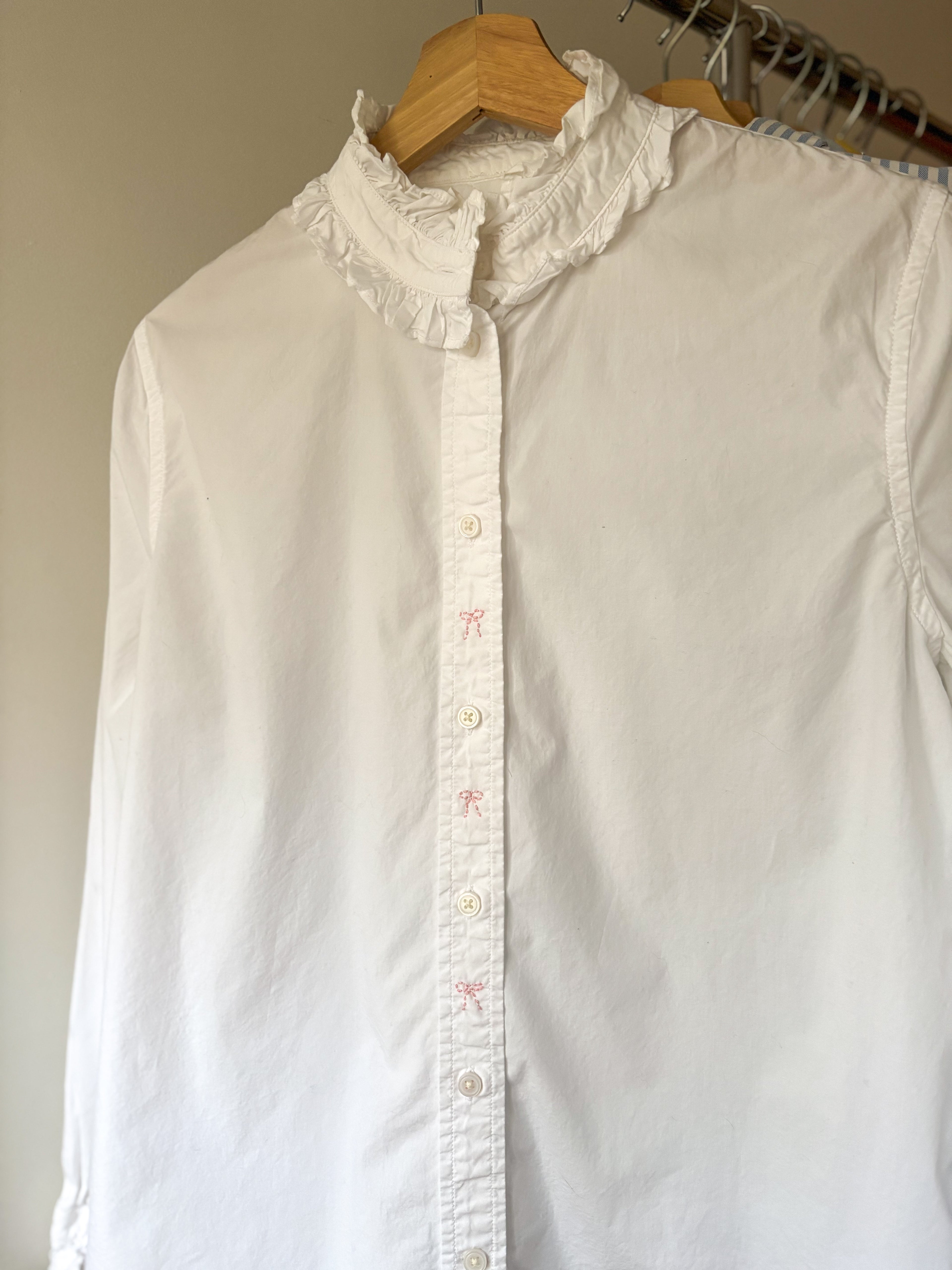 Upcycled Ruffled Blouse with Embroidered Bows