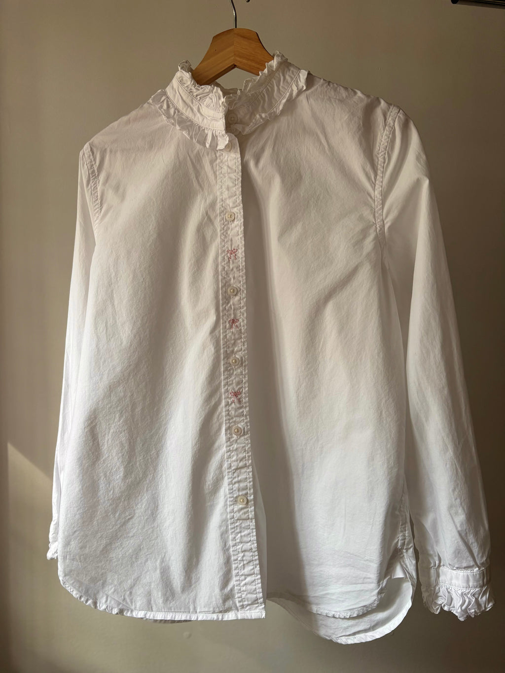 Upcycled Ruffled Blouse with Embroidered Bows