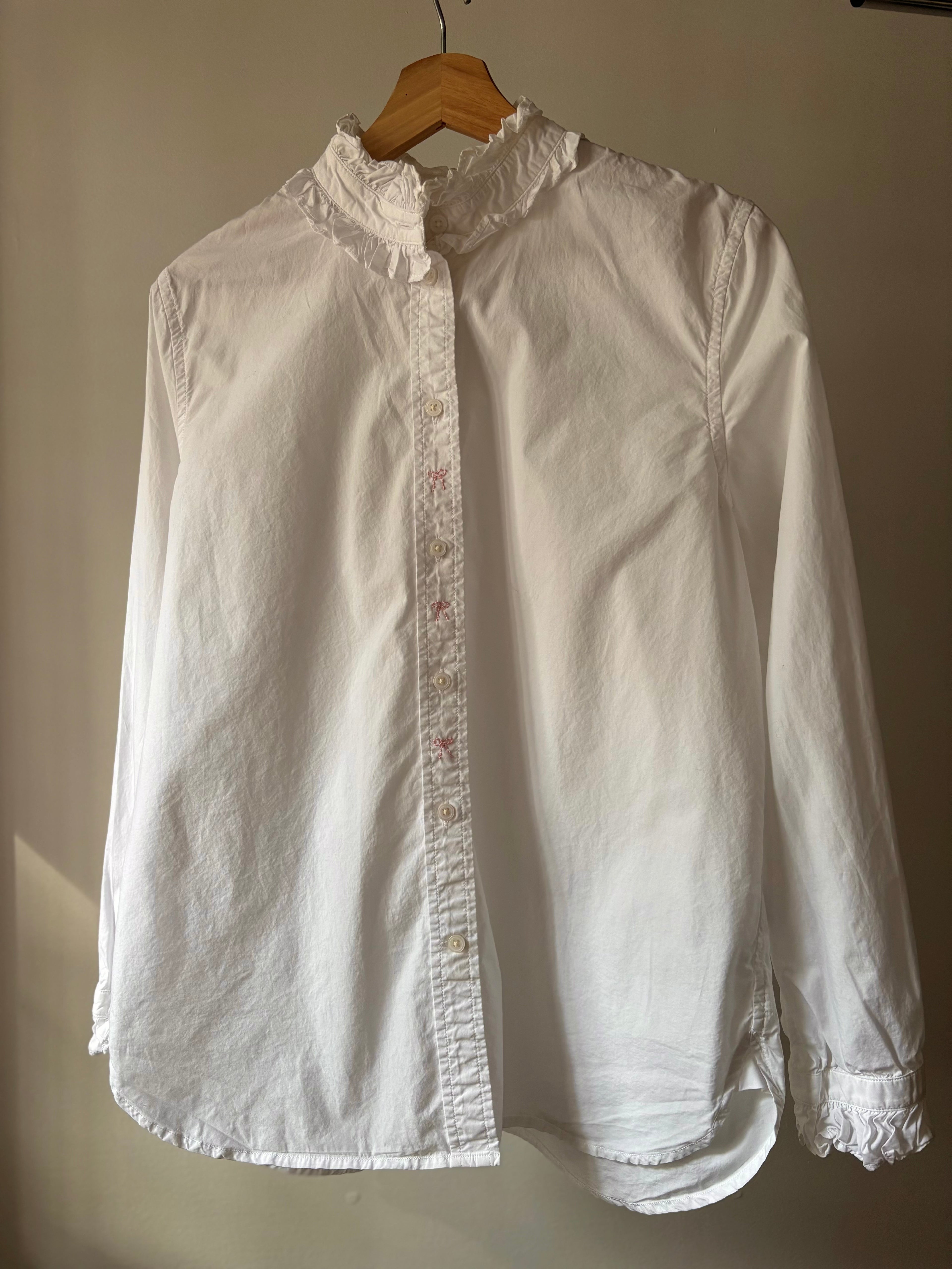 Upcycled Ruffled Blouse with Embroidered Bows