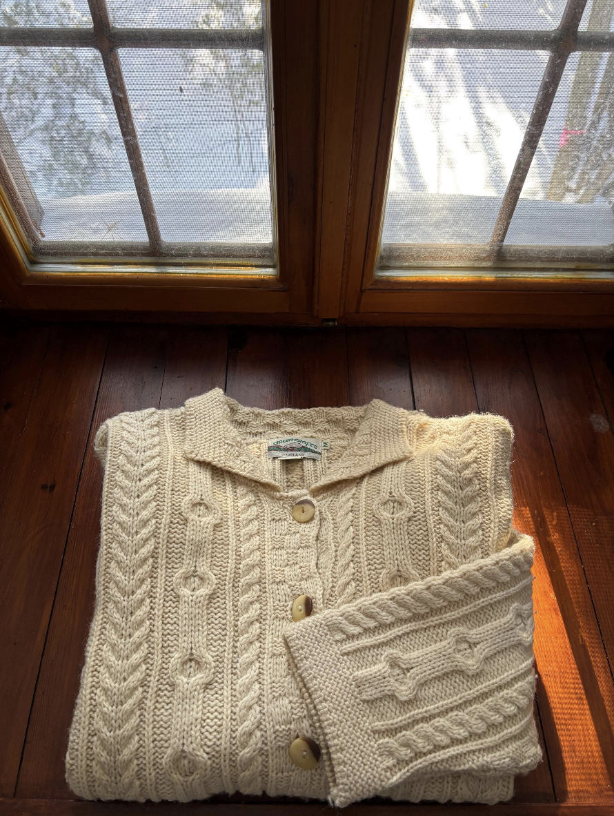 1990s Aran Ireland Merino Wool Cream Cardigan | Vintage Oversized Collared Fisherman Sweater