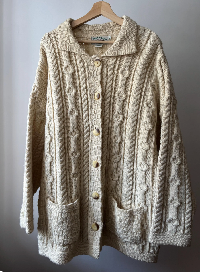 1990s Aran Ireland Merino Wool Cream Cardigan | Vintage Oversized Collared Fisherman Sweater