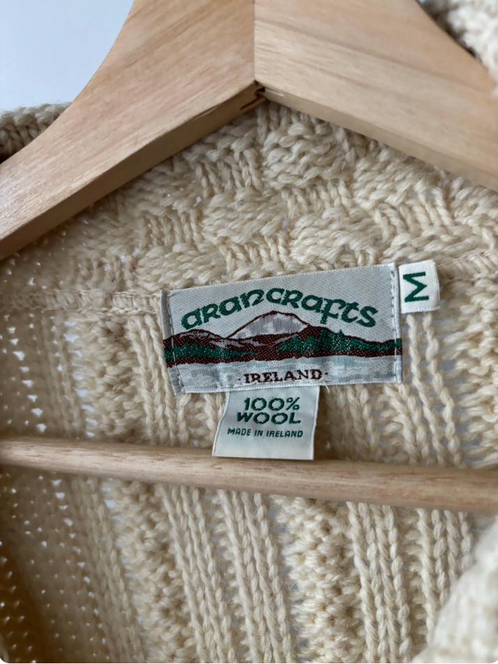 1990s Aran Ireland Merino Wool Cream Cardigan | Vintage Oversized Collared Fisherman Sweater