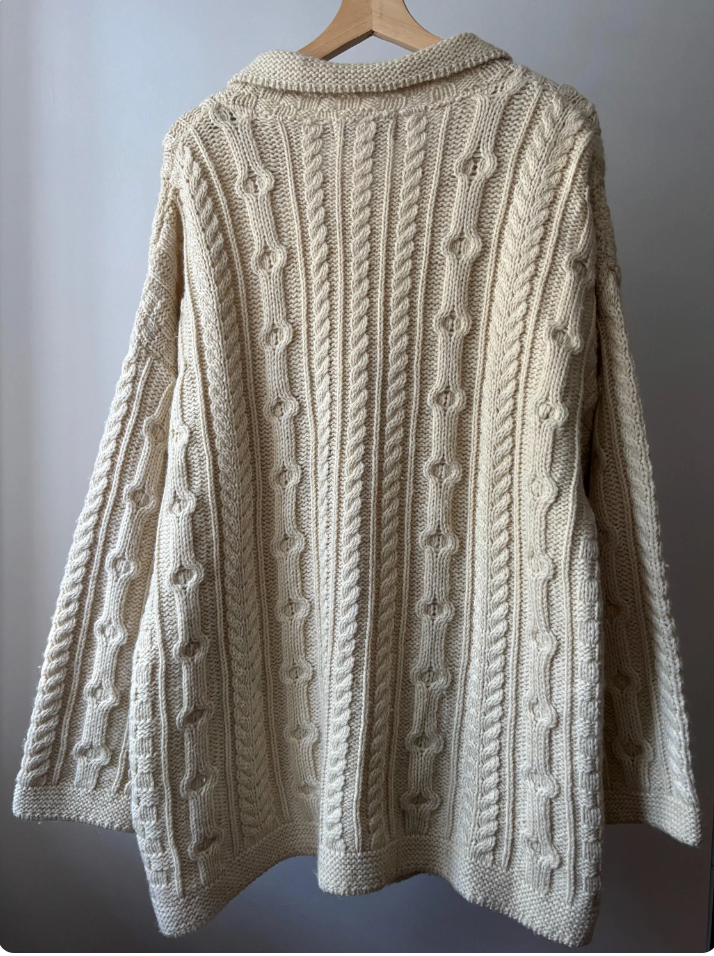 1990s Aran Ireland Merino Wool Cream Cardigan | Vintage Oversized Collared Fisherman Sweater