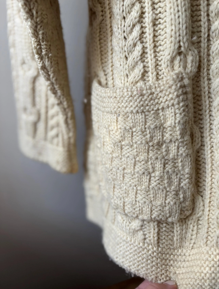 1990s Aran Ireland Merino Wool Cream Cardigan | Vintage Oversized Collared Fisherman Sweater