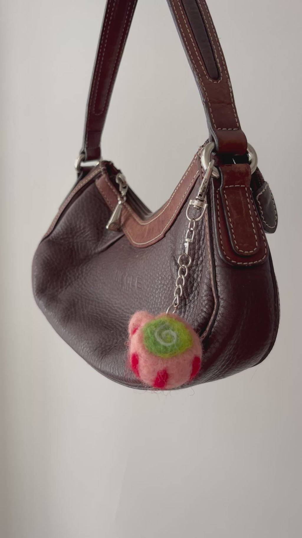 Felted Wool Pink Striped Matcha Latté Bag Charm