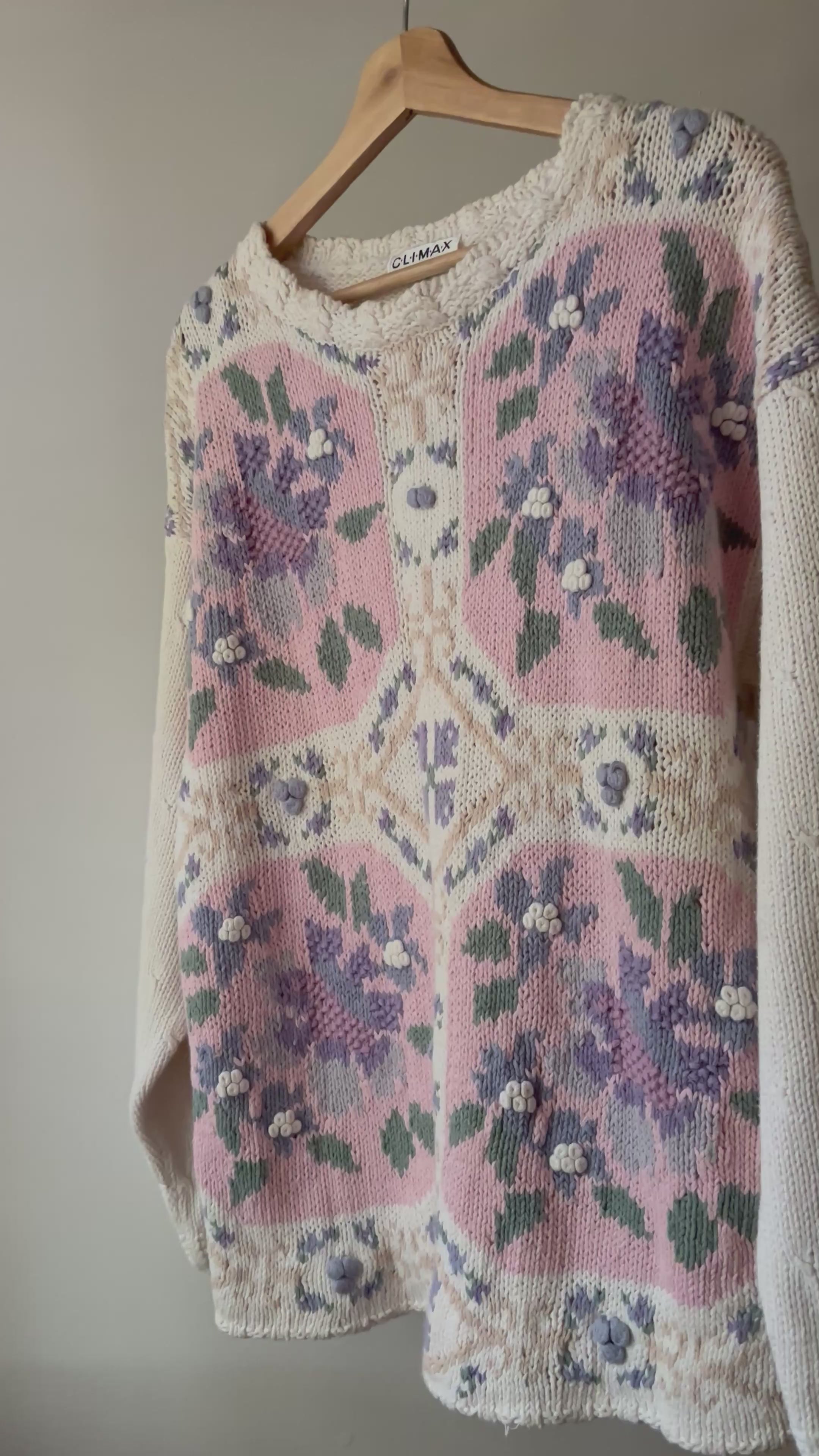 1990s Handknit Cream Patchwork Floral Sweater