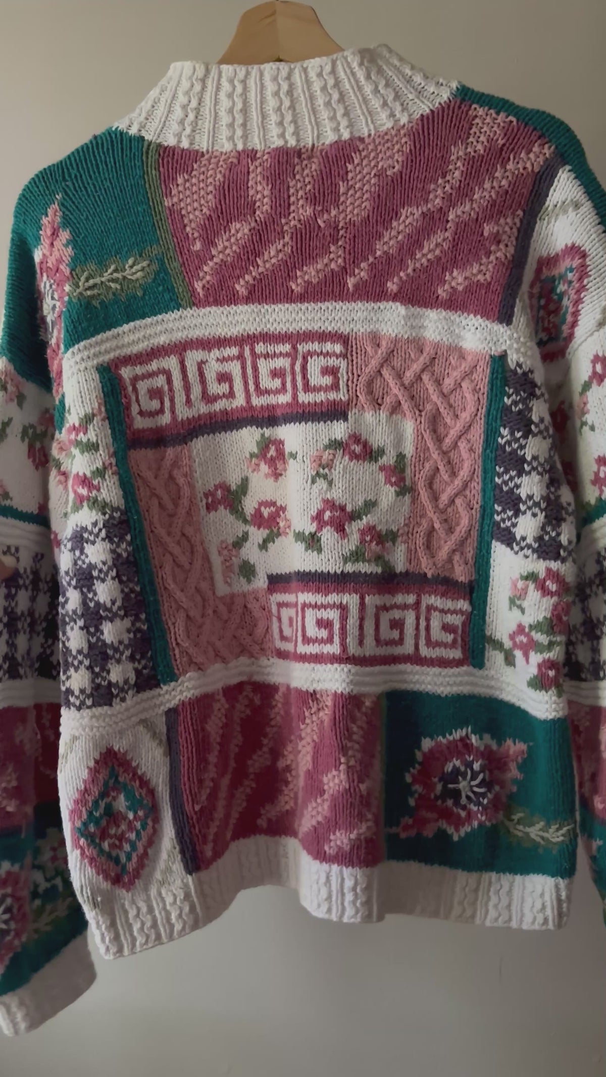 1990s Handknit Patchwork Floral Mockneck Sweater